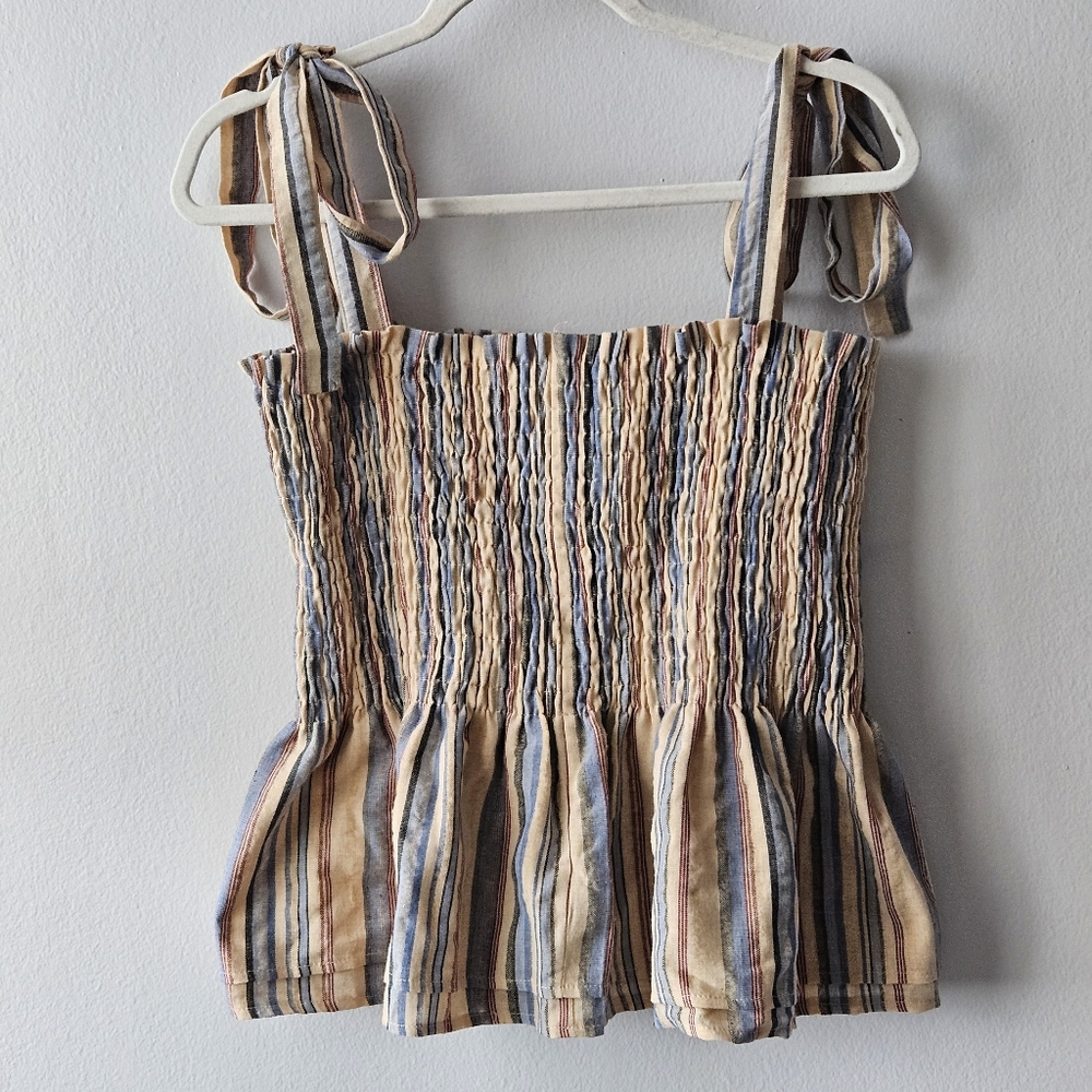 Striped Smocked Peplum Top - Size 2XL (Plus Size) - Tie Shoulder Straps